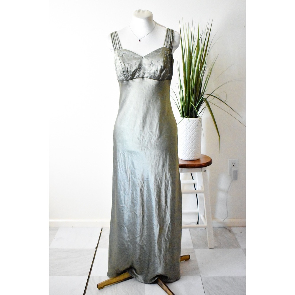 All That Jazz Maxi Dress Women 7/8 Gray Vintage 90s Sequin Satin Evening Gown